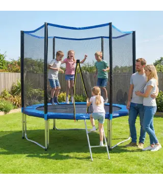 Cama Elástica Exterior Ø305 cm Trampolín para Niños con Red de Seguridad Escalera y Acolchado de Muelles Azul