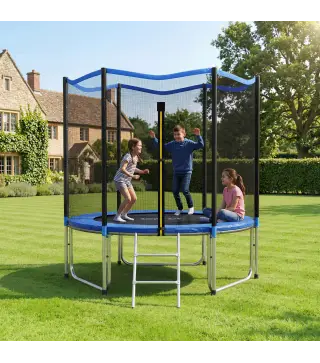 Cama Elástica Exterior Ø244 cm Trampolín para Niños con Red de Seguridad Escalera y Acolchado de Muelles Azul