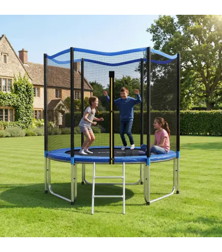 Cama Elástica Exterior Ø244 cm Trampolín para Niños con Red de Seguridad Escalera y Acolchado de Muelles Azul