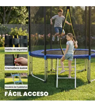 Cama Elástica Exterior Ø244 cm Trampolín para Niños con Red de Seguridad Escalera y Acolchado de Muelles Azul