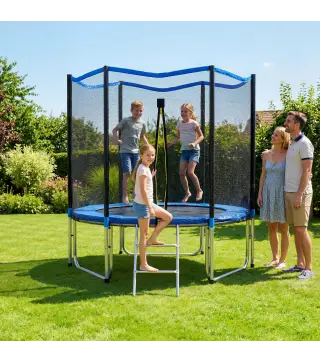 Cama Elástica Exterior Ø244 cm Trampolín para Niños con Red de Seguridad Escalera y Acolchado de Muelles Azul