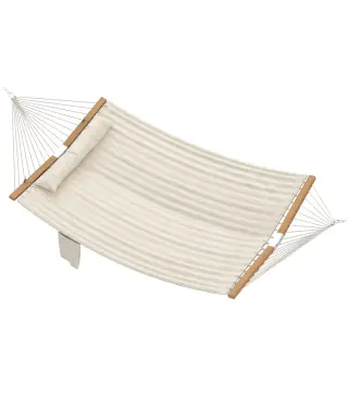 Hamaca Acolchada de Jardín Portátil con Almohada Desmontable Bolsillo para Revistas Marco de Madera 325x140 cm Crema