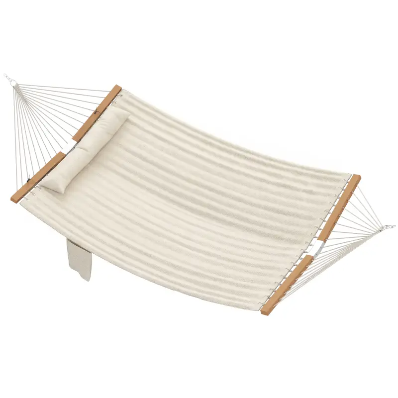 Hamaca Acolchada de Jardín Portátil con Almohada Desmontable Bolsillo para Revistas Marco de Madera 325x140 cm Crema