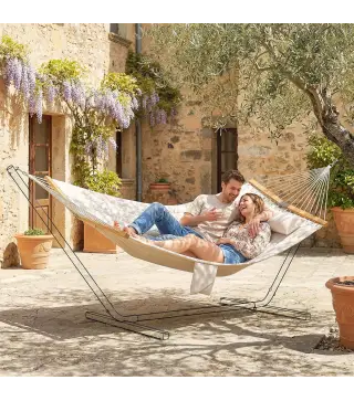 Hamaca Acolchada de Jardín Portátil con Almohada Desmontable Bolsillo para Revistas Marco de Madera 325x140 cm Crema