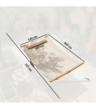 Hamaca Acolchada de Jardín Portátil con Almohada Desmontable Bolsillo para Revistas Marco de Madera 325x140 cm Crema