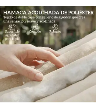 Hamaca Acolchada de Jardín Portátil con Almohada Desmontable Bolsillo para Revistas Marco de Madera 325x140 cm Crema