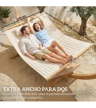 Hamaca Acolchada de Jardín Portátil con Almohada Desmontable Bolsillo para Revistas Marco de Madera 325x140 cm Crema