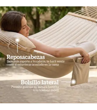 Hamaca Acolchada de Jardín Portátil con Almohada Desmontable Bolsillo para Revistas Marco de Madera 325x140 cm Crema