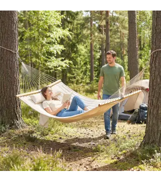 Hamaca Acolchada de Jardín Portátil con Almohada Desmontable Bolsillo para Revistas Marco de Madera 325x140 cm Crema