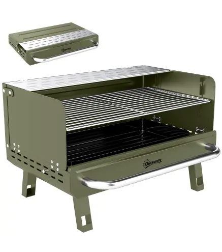 Barbacoa de Carbón Plegable 52x37x31,8 cm con Rejilla Ajustable Estante Lateral Plegable y Bandeja Extraíble Verde