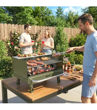 Barbacoa de Carbón Plegable 52x37x31,8 cm con Rejilla Ajustable Estante Lateral Plegable y Bandeja Extraíble Verde