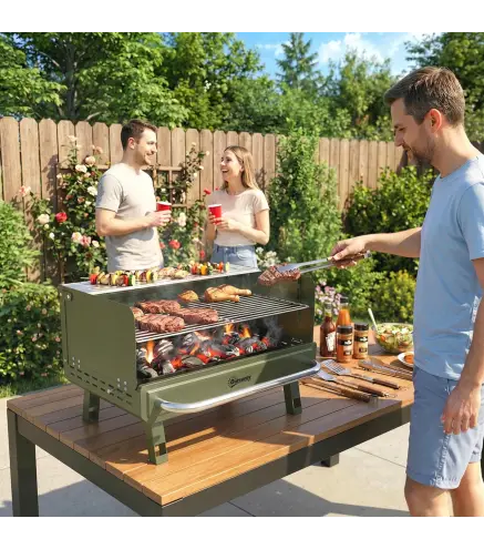 Barbacoa de Carbón Plegable 52x37x31,8 cm con Rejilla Ajustable Estante Lateral Plegable y Bandeja Extraíble Verde