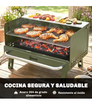 Barbacoa de Carbón Plegable 52x37x31,8 cm con Rejilla Ajustable Estante Lateral Plegable y Bandeja Extraíble Verde