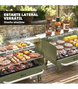Barbacoa de Carbón Plegable 52x37x31,8 cm con Rejilla Ajustable Estante Lateral Plegable y Bandeja Extraíble Verde