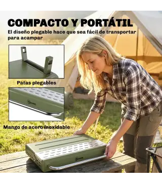 Barbacoa de Carbón Plegable 52x37x31,8 cm con Rejilla Ajustable Estante Lateral Plegable y Bandeja Extraíble Verde