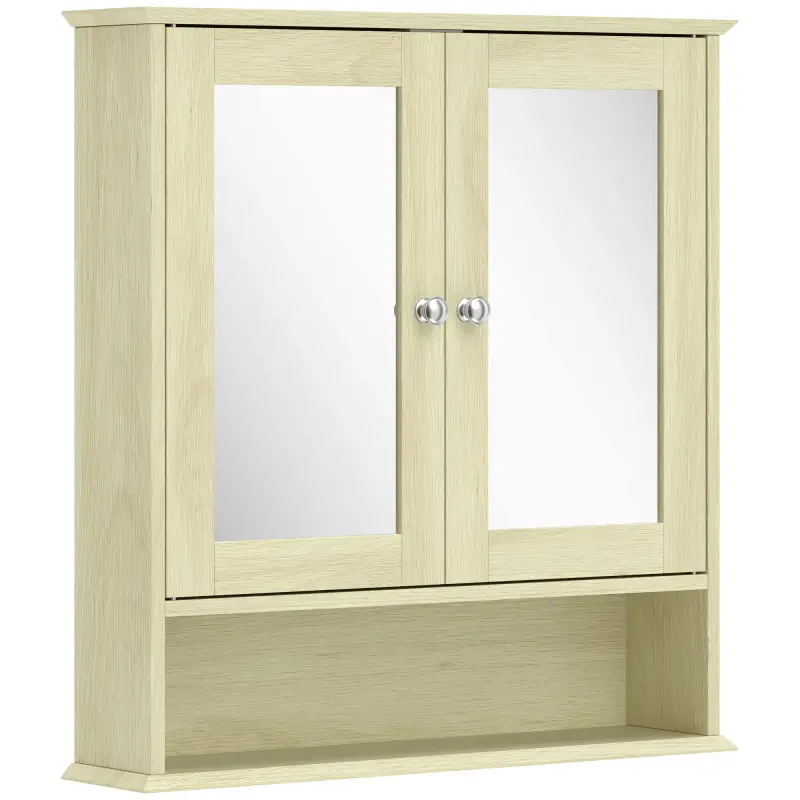 Armario de Baño con Espejo Armario de Pared con 2 Puertas Estante Abierto Estante Ajustable 56x13x58cm Natural