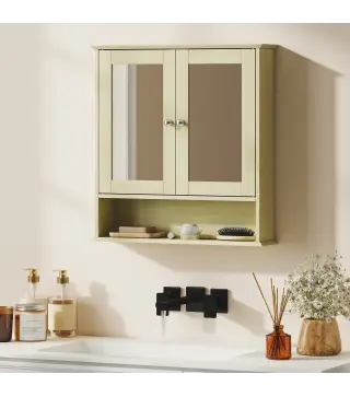 Armario de Baño con Espejo Armario de Pared con 2 Puertas Estante Abierto Estante Ajustable 56x13x58cm Natural