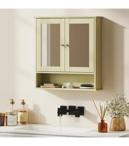 Armario de Baño con Espejo Armario de Pared con 2 Puertas Estante Abierto Estante Ajustable 56x13x58cm Natural