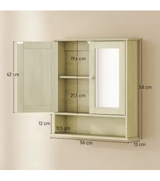 Armario de Baño con Espejo Armario de Pared con 2 Puertas Estante Abierto Estante Ajustable 56x13x58cm Natural