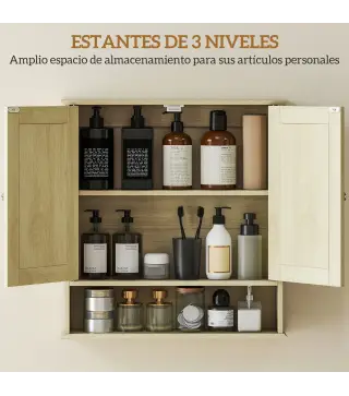 Armario de Baño con Espejo Armario de Pared con 2 Puertas Estante Abierto Estante Ajustable 56x13x58cm Natural