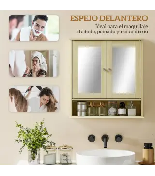 Armario de Baño con Espejo Armario de Pared con 2 Puertas Estante Abierto Estante Ajustable 56x13x58cm Natural
