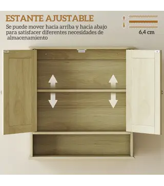 Armario de Baño con Espejo Armario de Pared con 2 Puertas Estante Abierto Estante Ajustable 56x13x58cm Natural