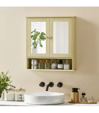 Armario de Baño con Espejo Armario de Pared con 2 Puertas Estante Abierto Estante Ajustable 56x13x58cm Natural