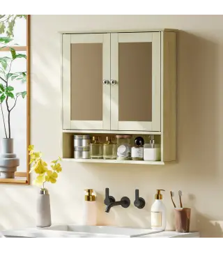 Armario de Baño con Espejo Armario de Pared con 2 Puertas Estante Abierto Estante Ajustable 56x13x58cm Natural