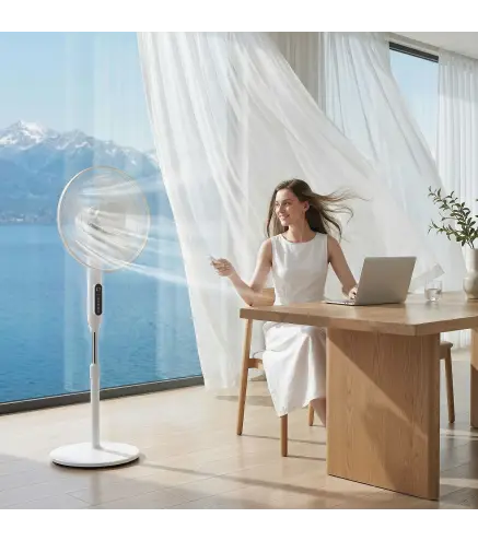 Ventilador de Pie con Control Remoto Función Wifi Altura Ajustable 3 Velocidades 3 Modos Oscilación Temporizador Blanco