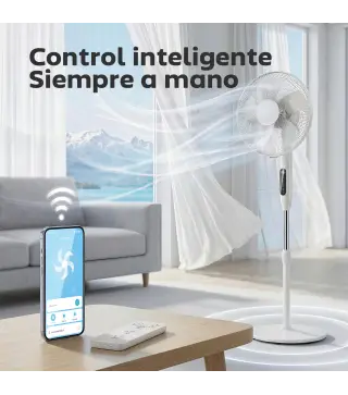 Ventilador de Pie con Control Remoto Función Wifi Altura Ajustable 3 Velocidades 3 Modos Oscilación Temporizador Blanco