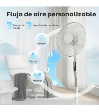 Ventilador de Pie con Control Remoto Función Wifi Altura Ajustable 3 Velocidades 3 Modos Oscilación Temporizador Blanco