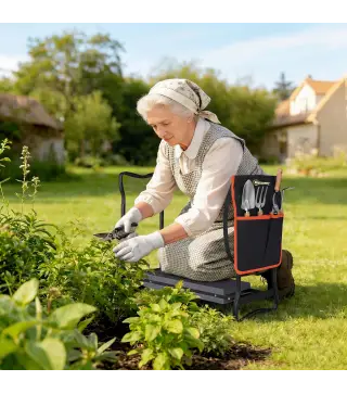 Taburete de Jardín Plegable con Almohadilla de EVA Asiento de Jardín con Bolsa para Herramientas en Cintura Carga 150kg