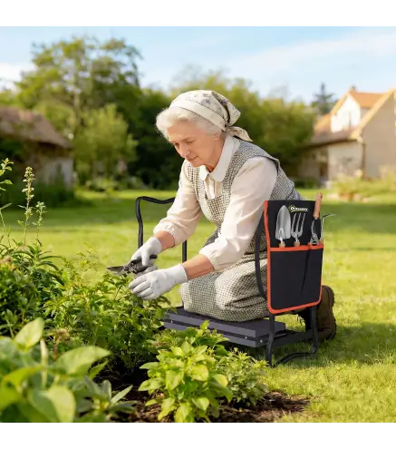 Taburete de Jardín Plegable con Almohadilla de EVA Asiento de Jardín con Bolsa para Herramientas en Cintura Carga 150kg