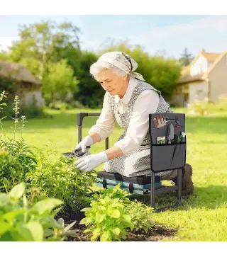 Taburete de Jardín Plegable con Almohadilla de Espuma EVA Asiento de Jardín con Bolsa para Herramientas Gris Oscuro