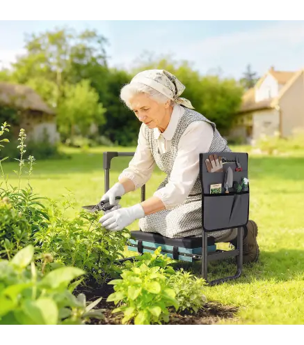 Taburete de Jardín Plegable con Almohadilla de Espuma EVA Asiento de Jardín con Bolsa para Herramientas Gris Oscuro