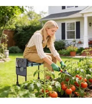 Taburete de Jardín Plegable con Almohadilla de Espuma EVA Asiento de Jardín con Bolsa para Herramientas Gris Oscuro