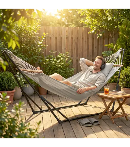 Soporte para Hamaca Plegable Largo 290 cm Longitud Ajustable Material Acero con Bolsa de Transporte Carga 120 kg Negro