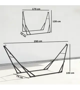 Soporte para Hamaca Plegable Largo 290 cm Longitud Ajustable Material Acero con Bolsa de Transporte Carga 120 kg Negro