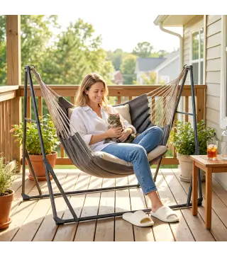 Soporte para Hamaca Plegable Largo 290 cm Longitud Ajustable Material Acero con Bolsa de Transporte Carga 120 kg Negro