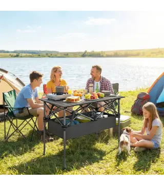 Mesa Plegable Camping 93x55x68 cm con Red de Almacenamiento Encimera Enrollable de Aluminio Bolsa de Transporte Negro