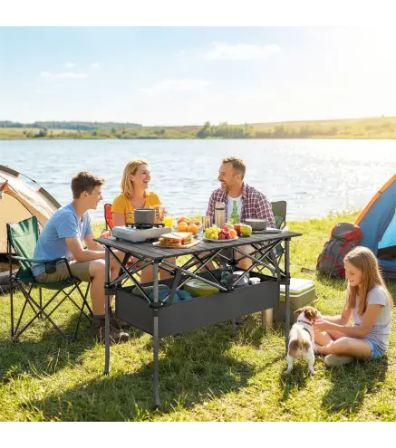 Mesa Plegable Camping 93x55x68 cm con Red de Almacenamiento Encimera Enrollable de Aluminio Bolsa de Transporte Negro