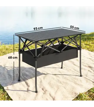 Mesa Plegable Camping 93x55x68 cm con Red de Almacenamiento Encimera Enrollable de Aluminio Bolsa de Transporte Negro