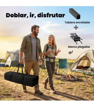 Mesa Plegable Camping 93x55x68 cm con Red de Almacenamiento Encimera Enrollable de Aluminio Bolsa de Transporte Negro