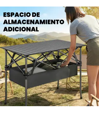 Mesa Plegable Camping 93x55x68 cm con Red de Almacenamiento Encimera Enrollable de Aluminio Bolsa de Transporte Negro