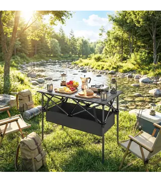 Mesa Plegable Camping 93x55x68 cm con Red de Almacenamiento Encimera Enrollable de Aluminio Bolsa de Transporte Negro
