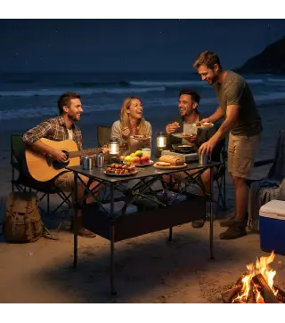 Mesa Plegable Camping 93x55x68 cm con Red de Almacenamiento Encimera Enrollable de Aluminio Bolsa de Transporte Negro