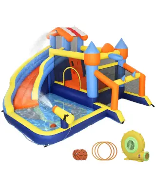 Castillo Hinchable Acuático 8 en 1 con Soplador 550W Tobogán Trampolín Escalada Piscina Portería Canasta Lanzamiento