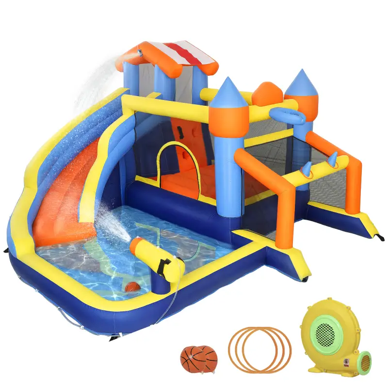 Castillo Hinchable Acuático 8 en 1 con Soplador 550W Tobogán Trampolín Escalada Piscina Portería Canasta Lanzamiento