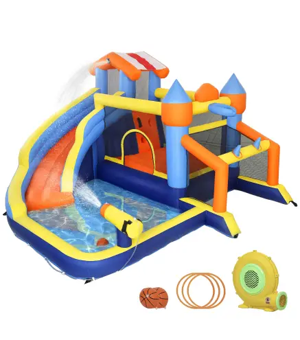 Castillo Hinchable Acuático 8 en 1 con Soplador 550W Tobogán Trampolín Escalada Piscina Portería Canasta Lanzamiento
