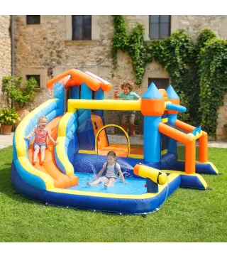 Castillo Hinchable Acuático 8 en 1 con Soplador 550W Tobogán Trampolín Escalada Piscina Portería Canasta Lanzamiento